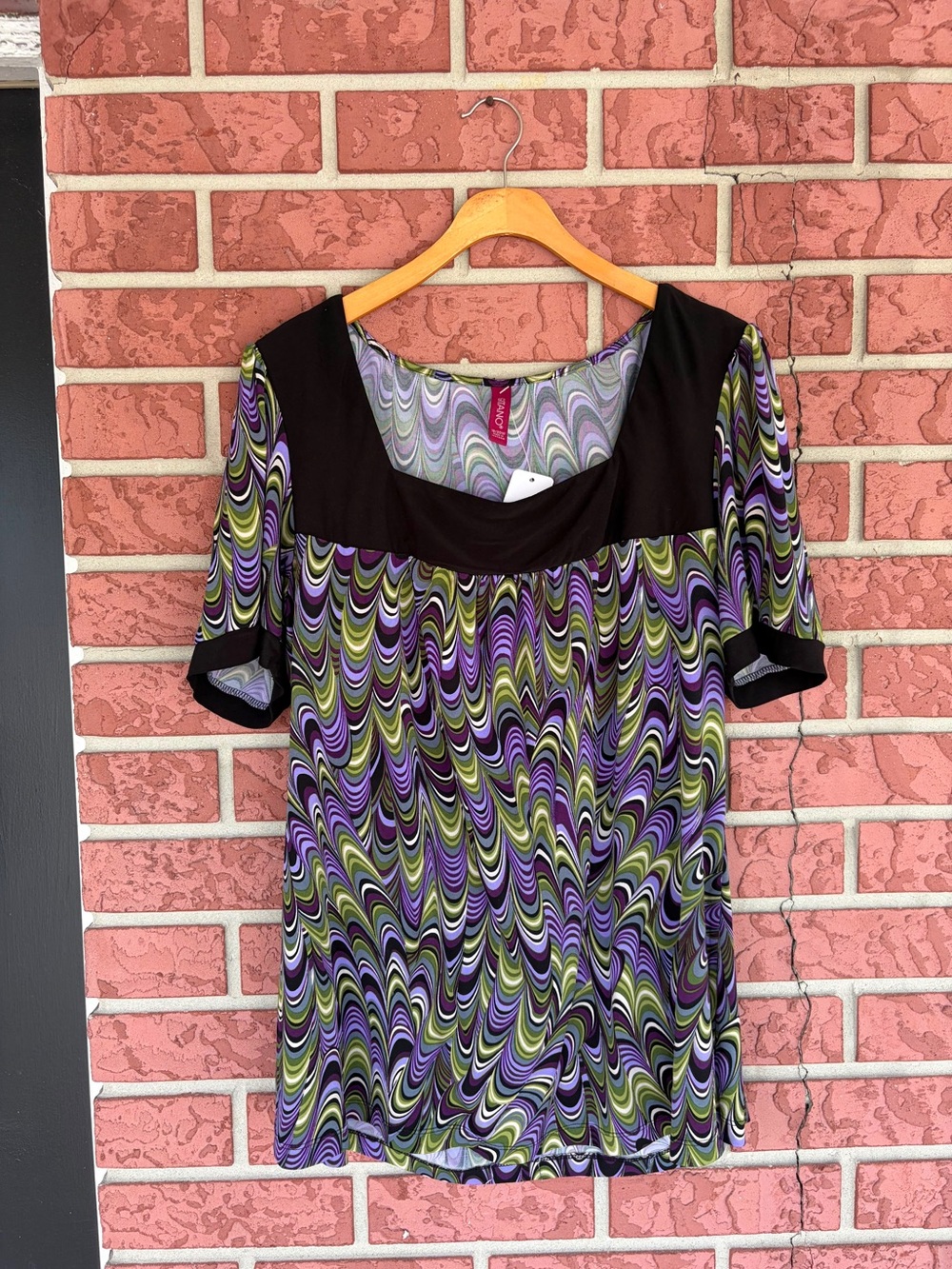 Gitano Purple and Green Swirl Top with Black Panel